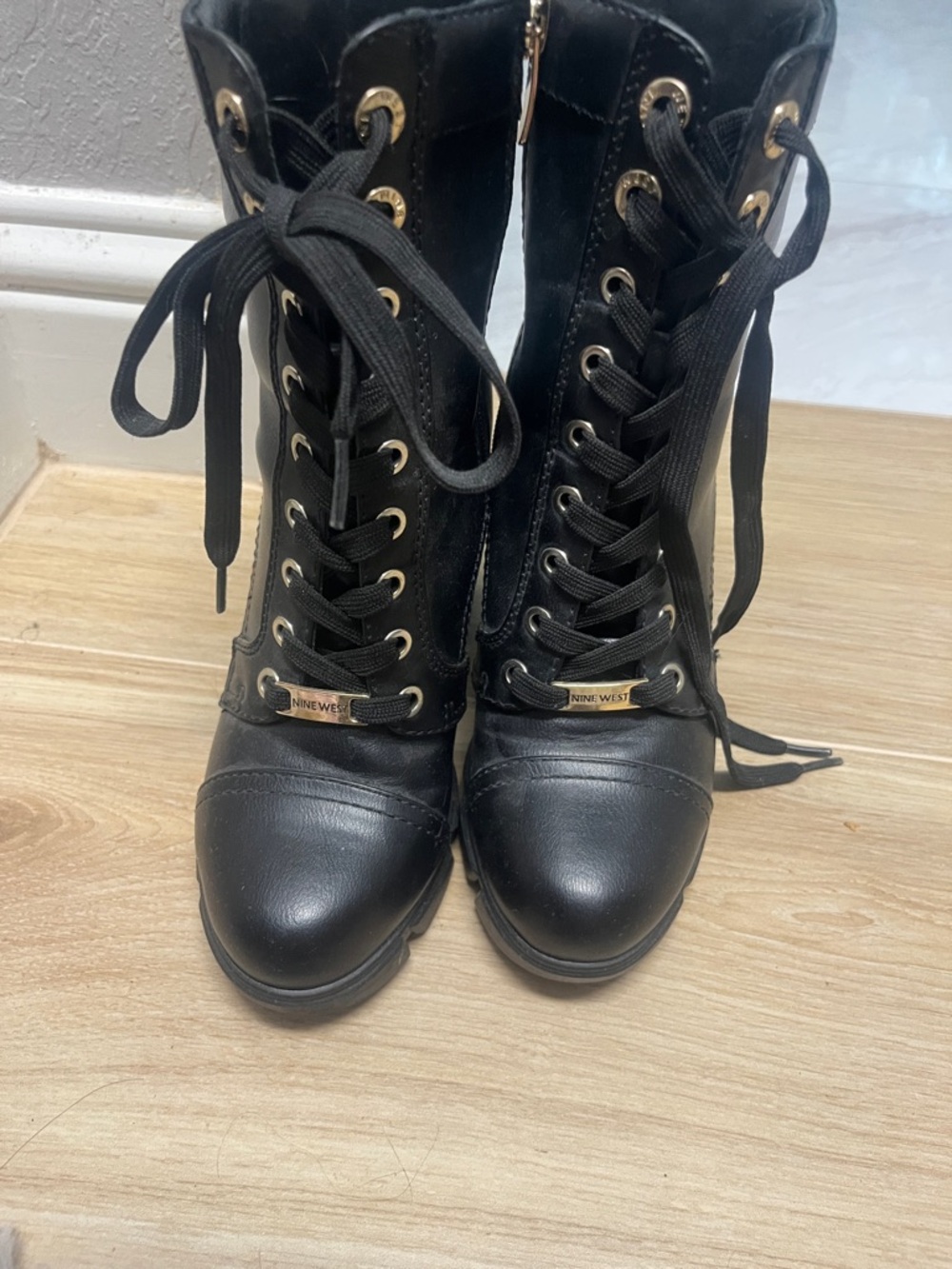 Nine West Black Lace-Up Combat Boots with Gold Hardware
